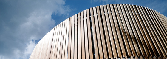 Holzfassade mit vertikalen Lamellen